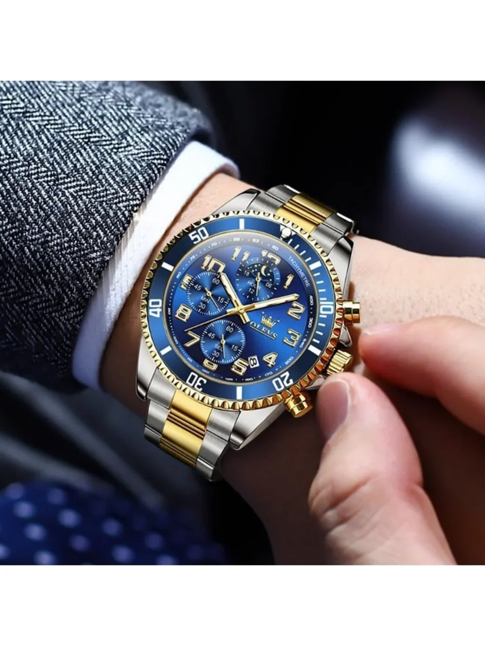 Men's Silver Blue Stainless Steel Waterproof Quartz Big Face Fashion Wrist Watch